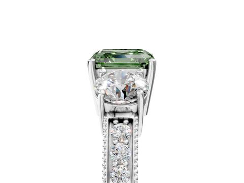 White gold Fancy Green Asscher Cut Three-Stone Diamond Ring with Pavé Band and Four-Prong Setting_5