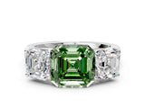 White gold Fancy Green Asscher Cut Three-Stone Diamond Ring with Prong Setting on a Classic Band_12