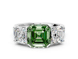 White gold Fancy Green Asscher Cut Three-Stone Diamond Ring with Prong Setting on a Classic Band_12