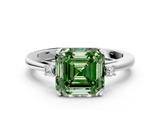 White gold Fancy Green Asscher  Cut Three-Stone Solitaire Ring with Round Accent Diamonds and Four-Prong Setting