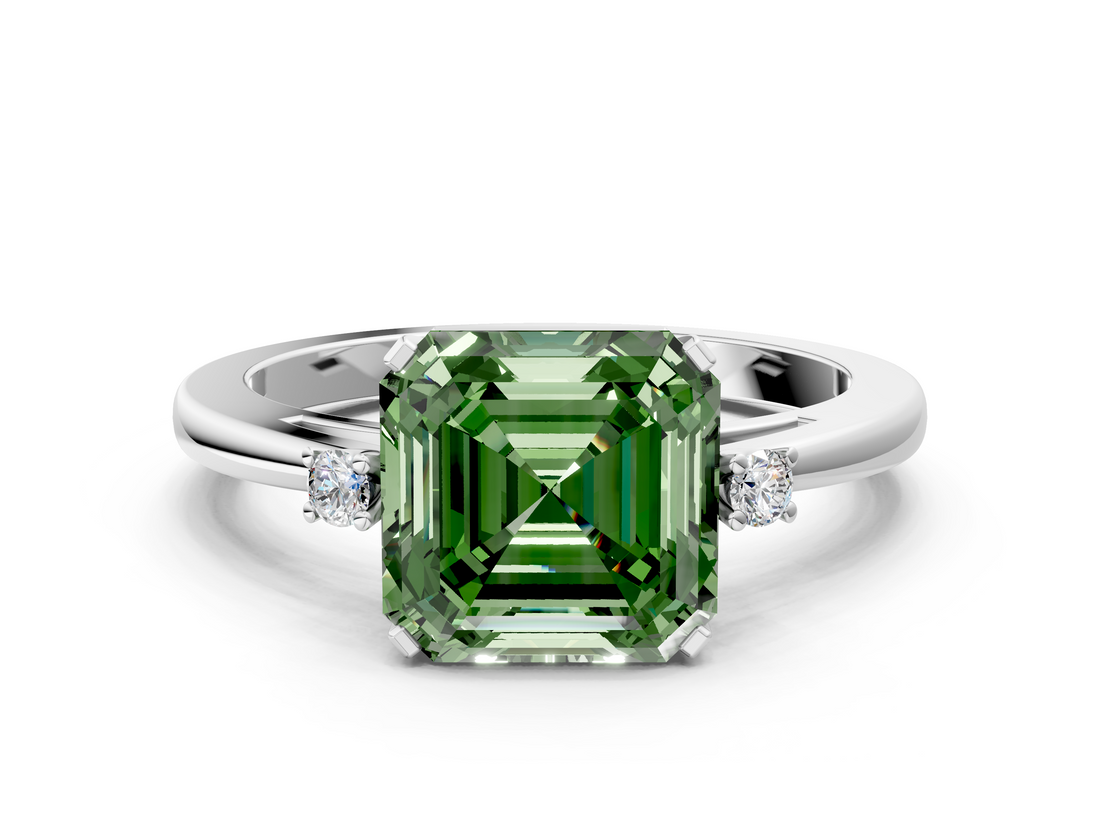 White gold Fancy Green Asscher  Cut Three-Stone Solitaire Ring with Round Accent Diamonds and Four-Prong Setting