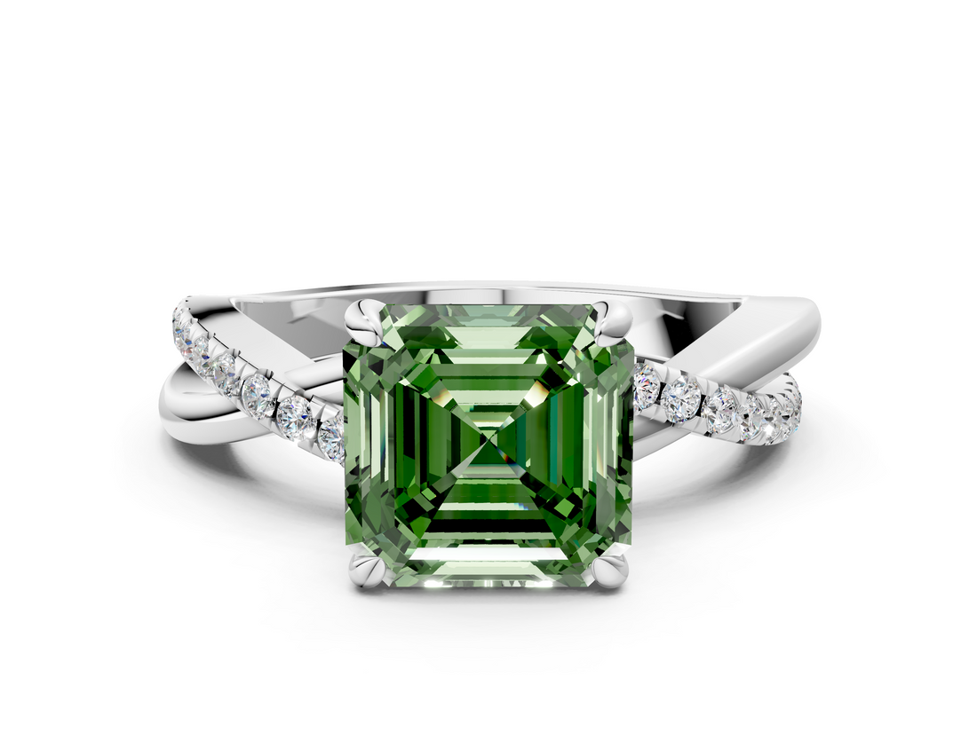 White gold Fancy Green Asscher  Cut Twist Band Solitaire Diamond Ring with Pavé Setting_3