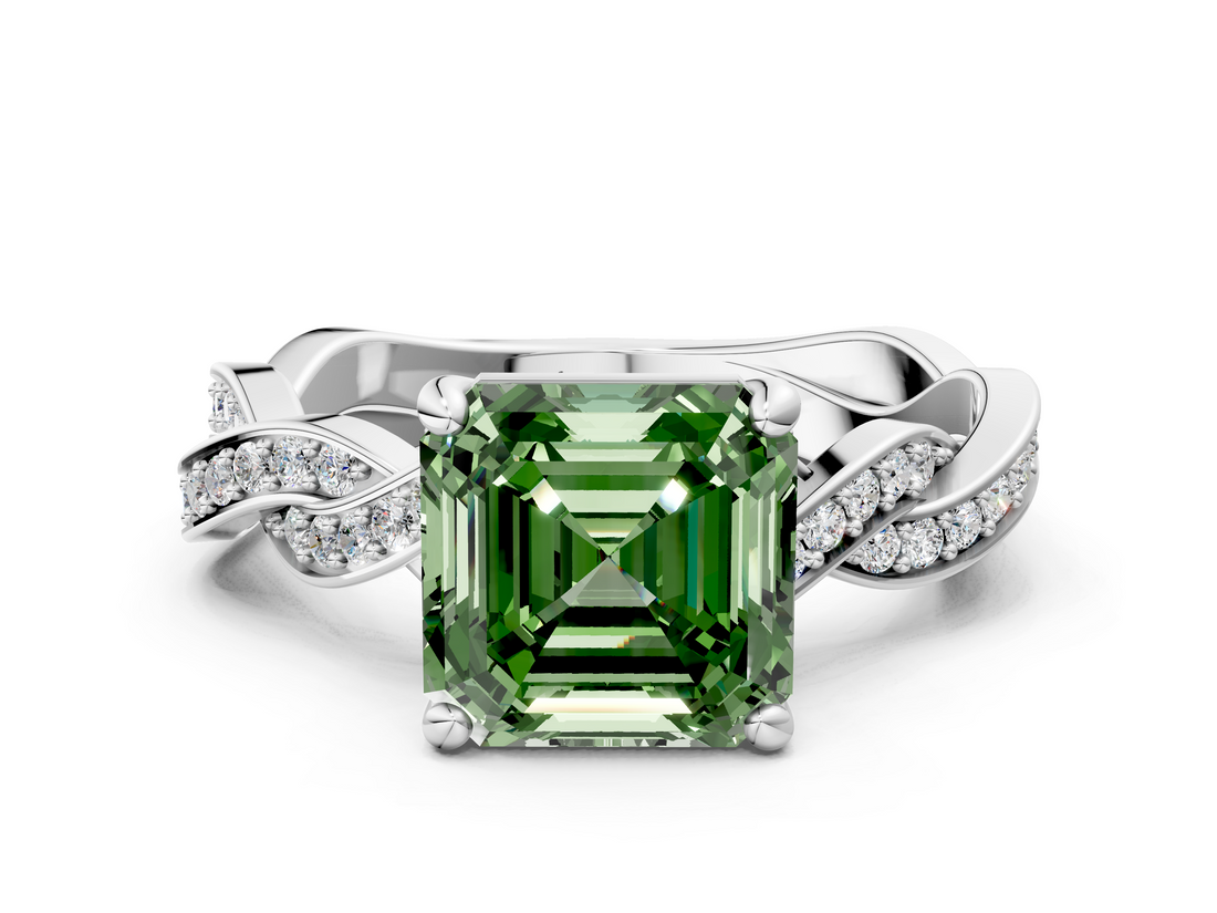 White gold Fancy Green Asscher  Cut Twisted Pavé Band Solitaire Ring with Four-Prong Setting
