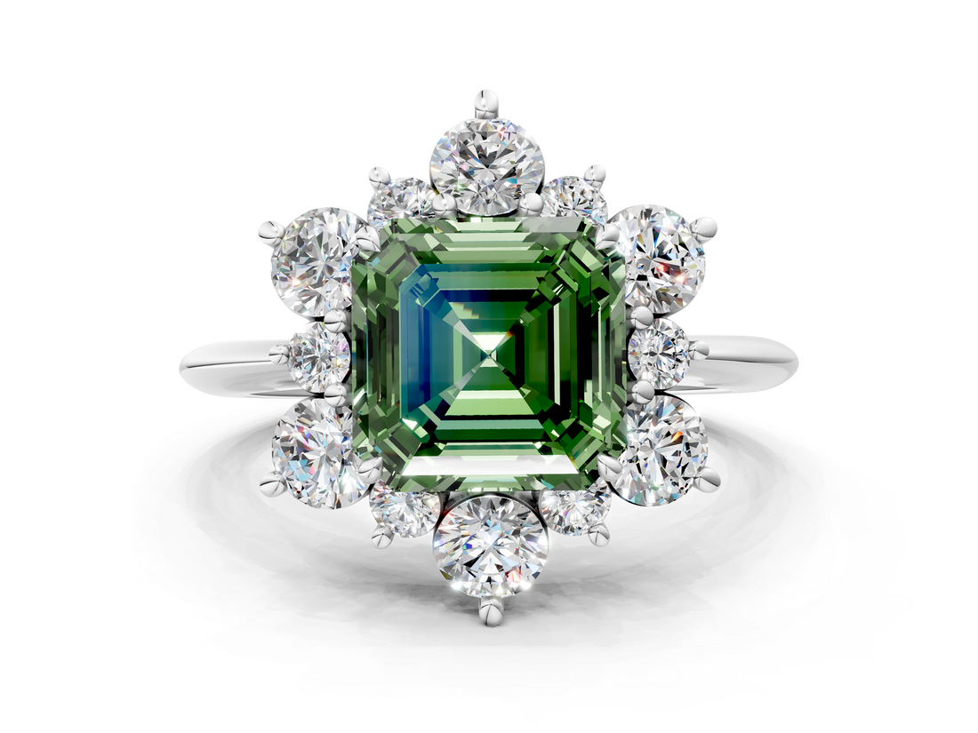 White gold Fancy Green Asscher  Diamond Cluster Halo Ring with Solitaire Band and Four-Prong Setting