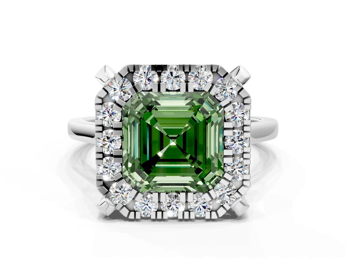 White gold Fancy Green Asscher  Diamond Cluster Halo Solitaire with Four-Prong Setting_35