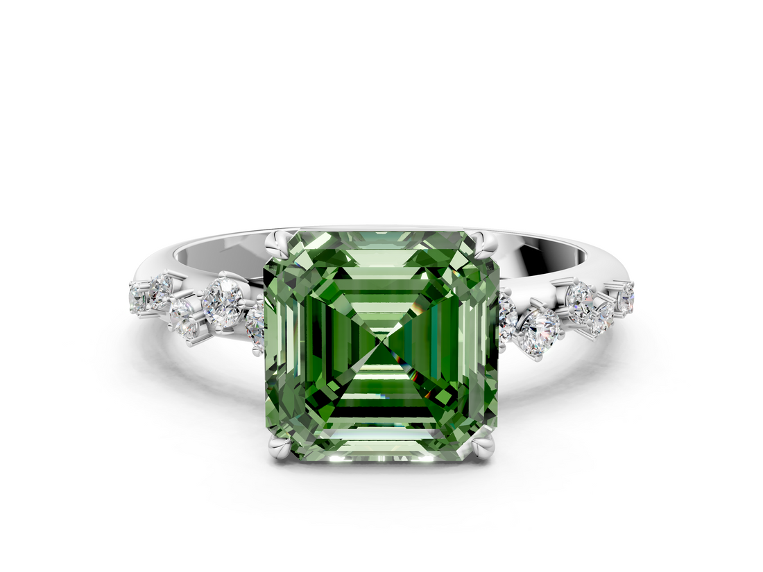 White gold Fancy Green Asscher  Diamond Cluster Prong-Set Solitaire Ring
