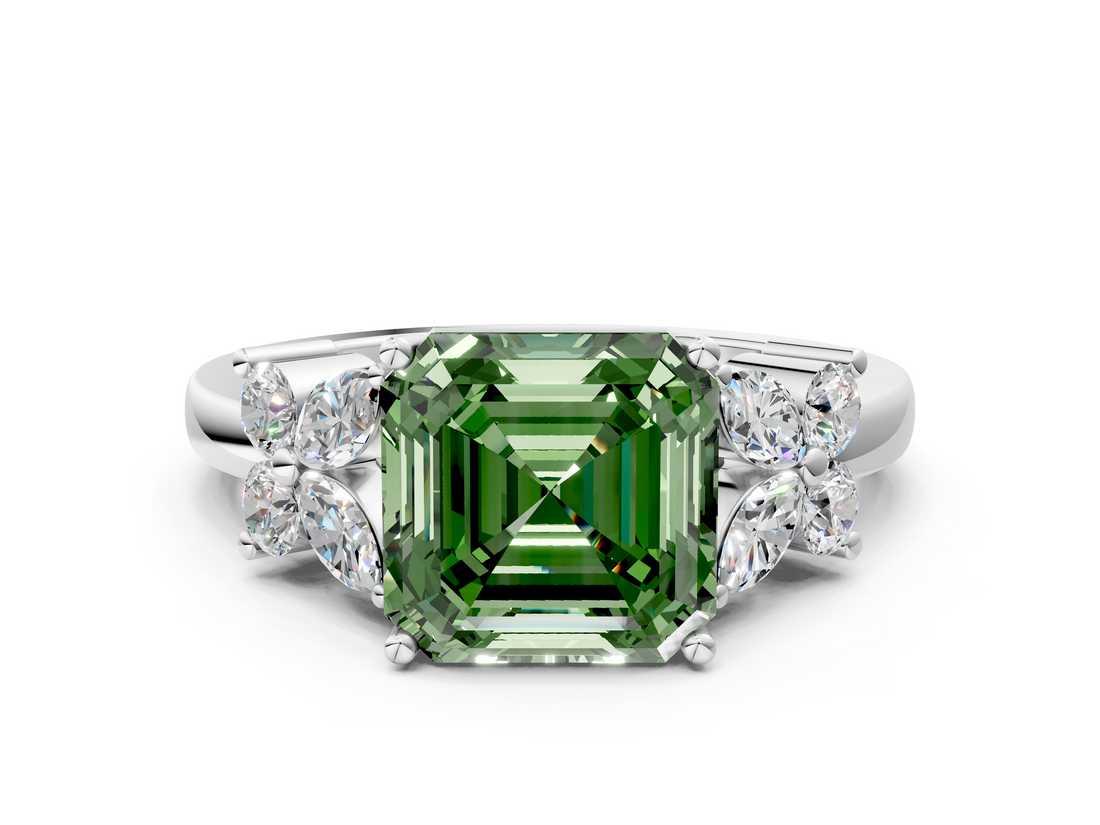 White gold Fancy Green Asscher  Diamond Floral Cluster Ring with Solitaire Band and Prong Setting