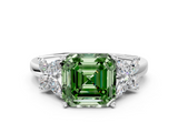 White gold Fancy Green Asscher  Diamond Floral Cluster Ring with Solitaire Band and Prong Setting