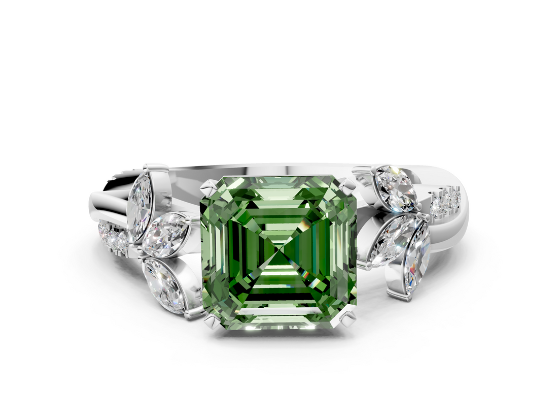White gold Fancy Green Asscher  Diamond Floral Vine Solitaire Engagement Ring