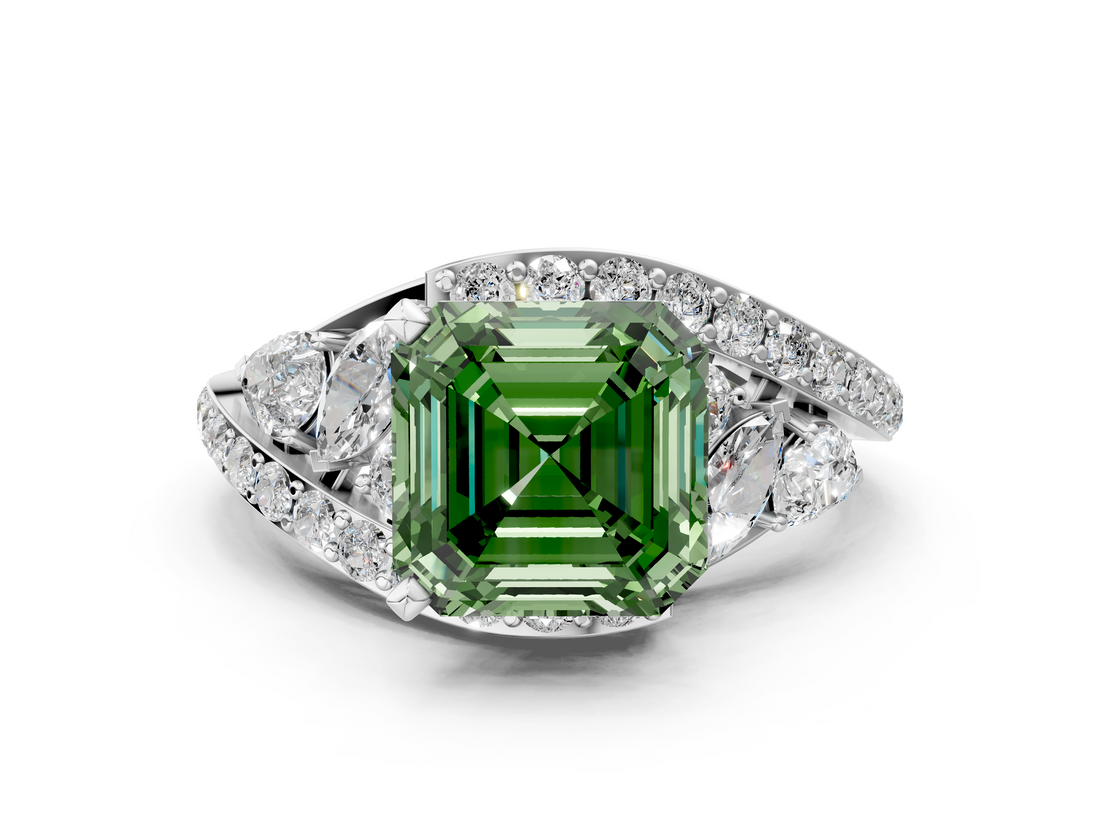 White gold Fancy Green Asscher  Diamond Halo Ring with Marquise and Pavé Band in Prong Setting_17