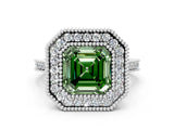 White gold Fancy Green Asscher  Diamond Halo Ring with Milgrain Frame and Pavé Band_35