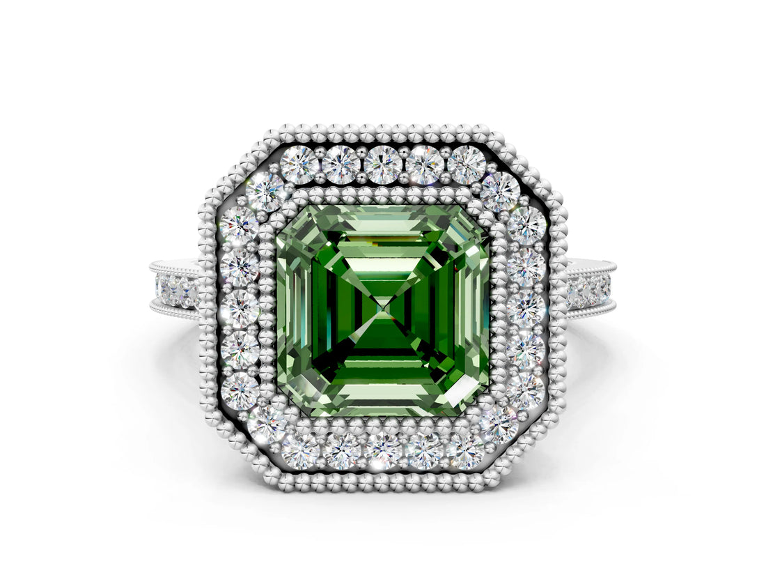 White gold Fancy Green Asscher  Diamond Halo Ring with Milgrain Frame and Pavé Band_35