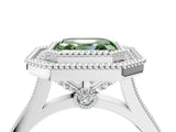 White gold Fancy Green Asscher  Diamond Halo Ring with Milgrain Frame and Pavé Band_39