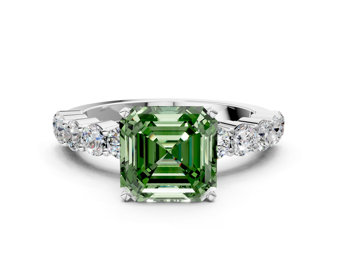 White gold Fancy Green Asscher  Diamond Pavé Band Solitaire with Four-Prong Setting