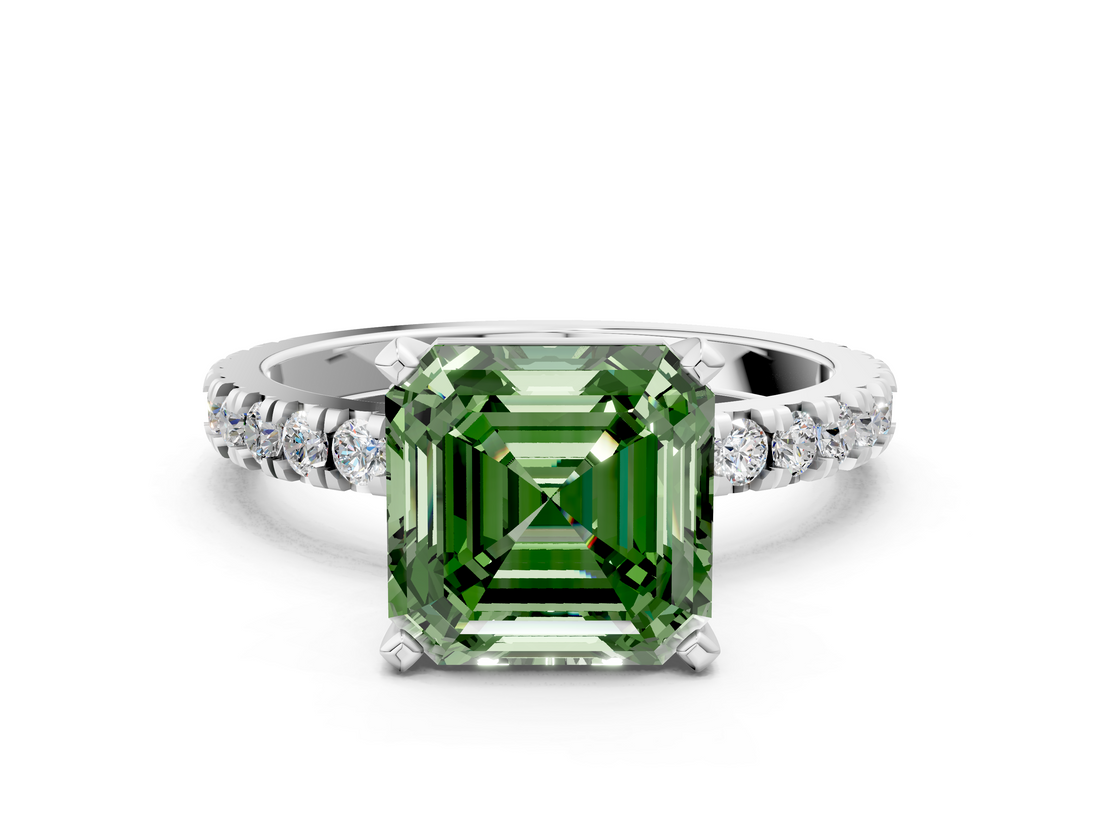 White gold Fancy Green Asscher  Diamond Pavé Band Solitaire with Four-Prong Setting