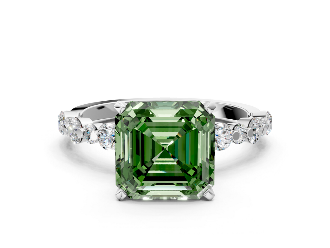 White gold Fancy Green Asscher  Diamond Prong Set Engagement Ring with Pave Band_17