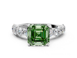 White gold Fancy Green Asscher  Diamond Prong Setting with Side Stones on a Pave Band