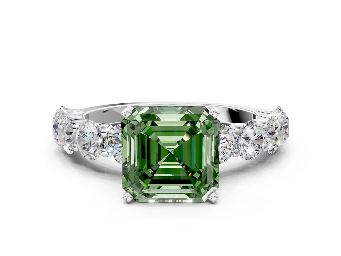 White gold Fancy Green Asscher  Diamond Prong Setting with Side Stones on a Pave Band