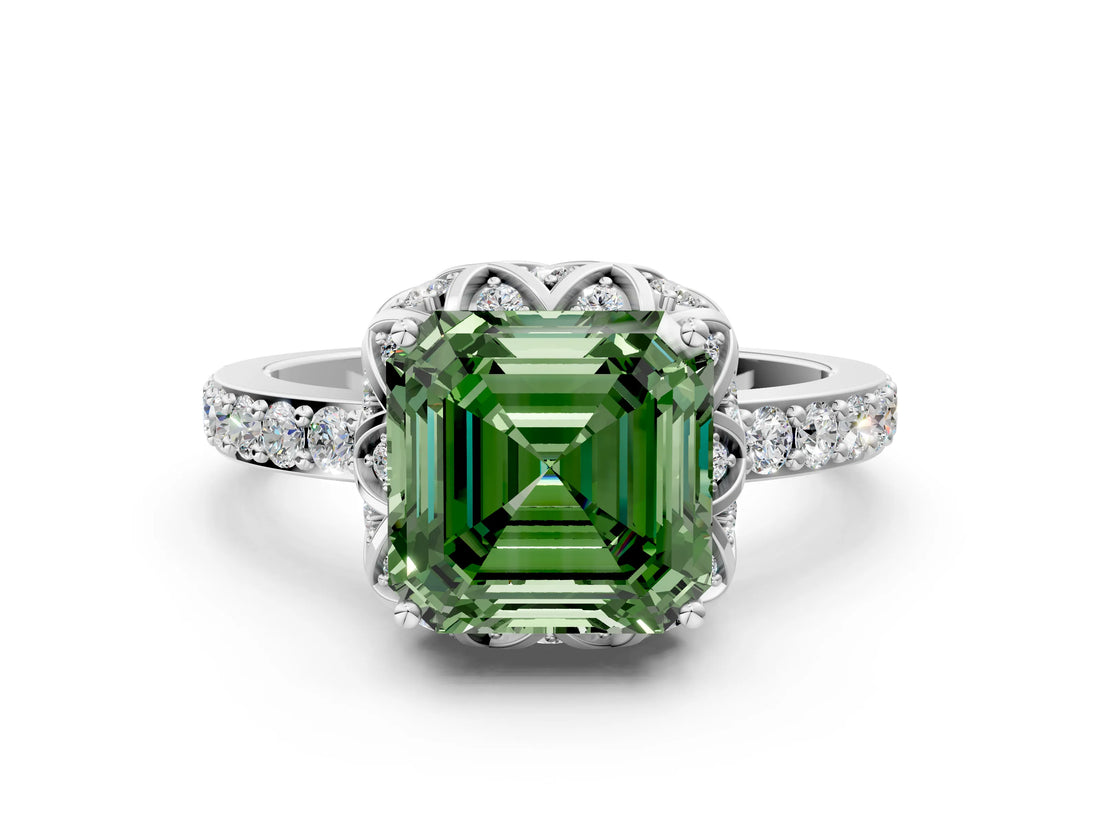 White gold Fancy Green Asscher  Diamond Solitaire Ring with Shared Prong Pavé Band_12