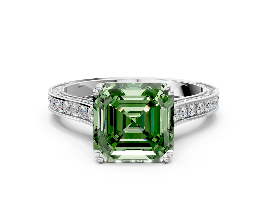 White gold Fancy Green Asscher  Diamond Solitaire with Pave Band and Six-Prong Setting