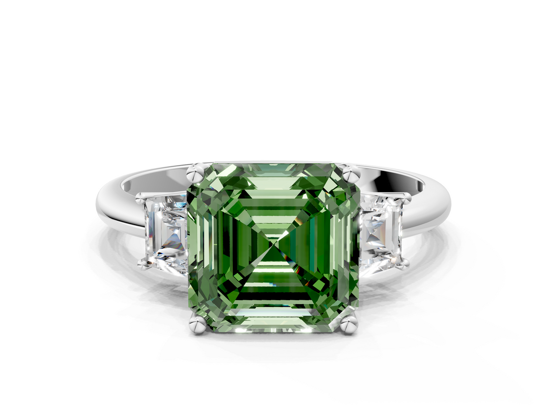 White gold Fancy Green Asscher  Diamond Three-Stone Ring with Trapezoid Side Stones and Prong Setting