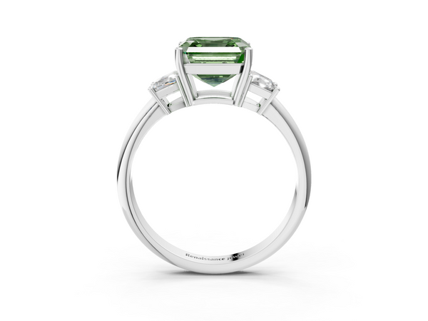 White Gold Asscher Cut Three Stone Engagement Ring Setting for Fancy Green Center with Trapezoid Side Stones