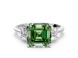 White gold Fancy Green Asscher  Diamond Three-Stone Ring with Trapezoid Side Stones and Prong Setting