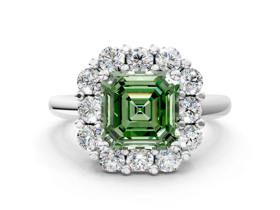 White gold Fancy Green Asscher  Halo Cluster Diamond Engagement Ring with Prong Setting and Polished Band_56