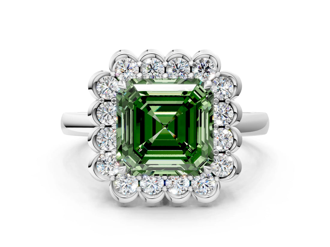 White gold Fancy Green Asscher  Halo Cluster Diamond Engagement Ring with Solitaire Band and Prong Setting_28