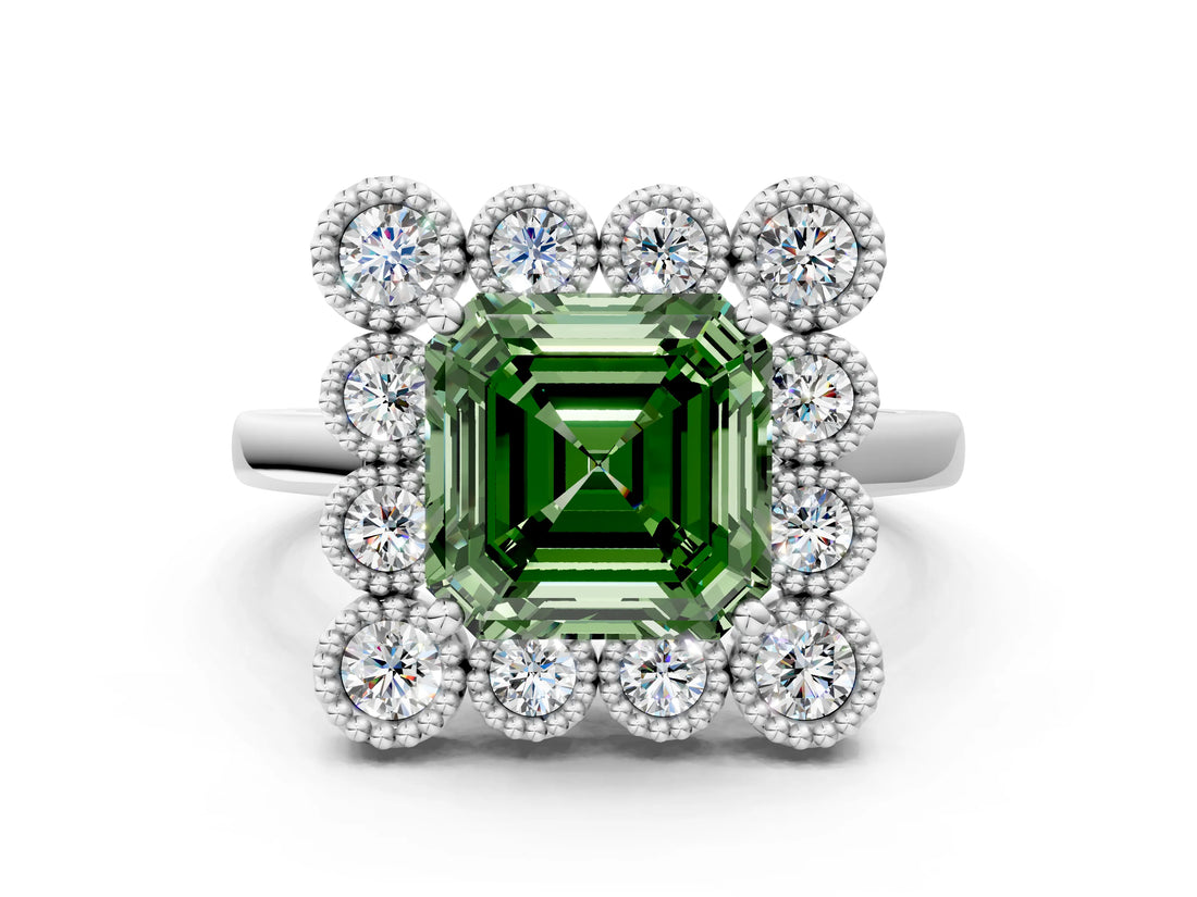White gold Fancy Green Asscher  Halo Diamond Cluster Engagement Ring with Milgrain Bezel Setting and Solitaire Band_27