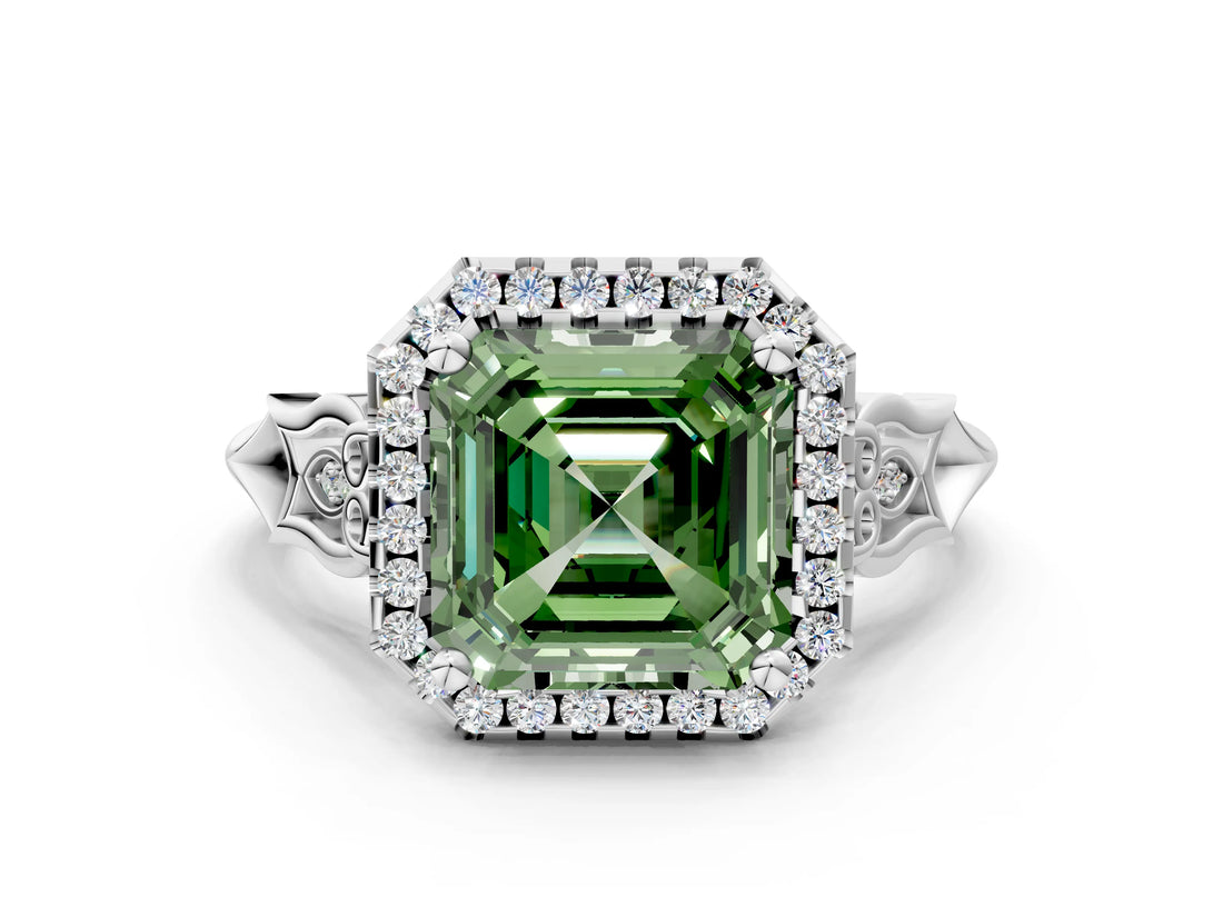 White gold Fancy Green Asscher  Halo Diamond Engagement Ring with Filigree Band and Four-Prong Setting_93