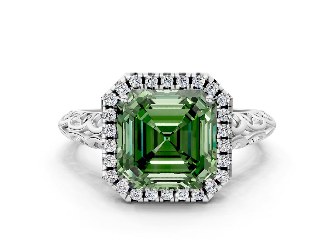 White gold Fancy Green Asscher  Halo Diamond Engagement Ring with Intricate Filigree Band and Four-Prong Setting