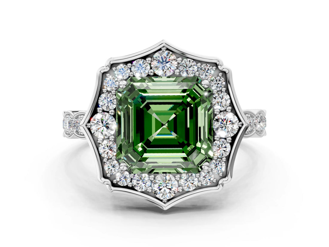 White gold Fancy Green Asscher  Halo Diamond Engagement Ring with Milgrain Band and Four-Prong Setting_36