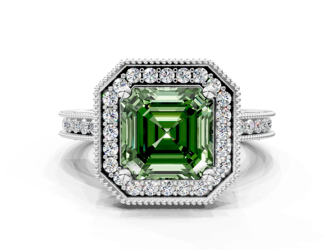 White gold Fancy Green Asscher  Halo Diamond Engagement Ring with Milgrain Pave Band and Four-Prong Setting_65