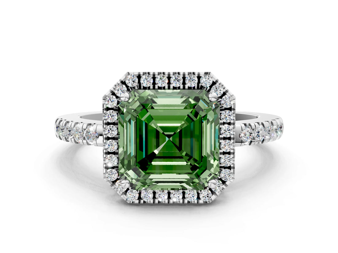 White gold Fancy Green Asscher  Halo Diamond Engagement Ring with Pavé Band and Four-Prong Setting_20