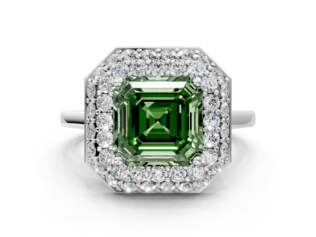 White gold Fancy Green Asscher  Halo Diamond Engagement Ring with Solitaire Band and Four-Prong Setting_17