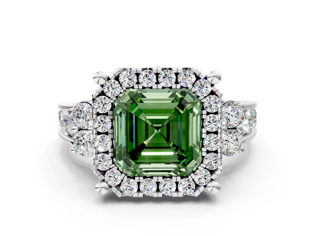 White gold Fancy Green Asscher  Halo Diamond Engagement Ring with Split Shank and Four-Prong Setting_40