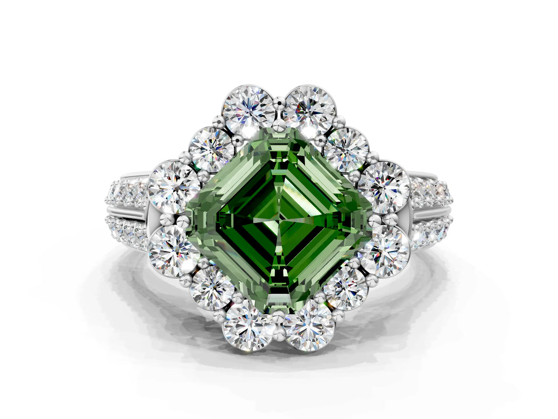 White gold Fancy Green Asscher  Halo Diamond Engagement Ring with Split Shank and Prong Setting_46