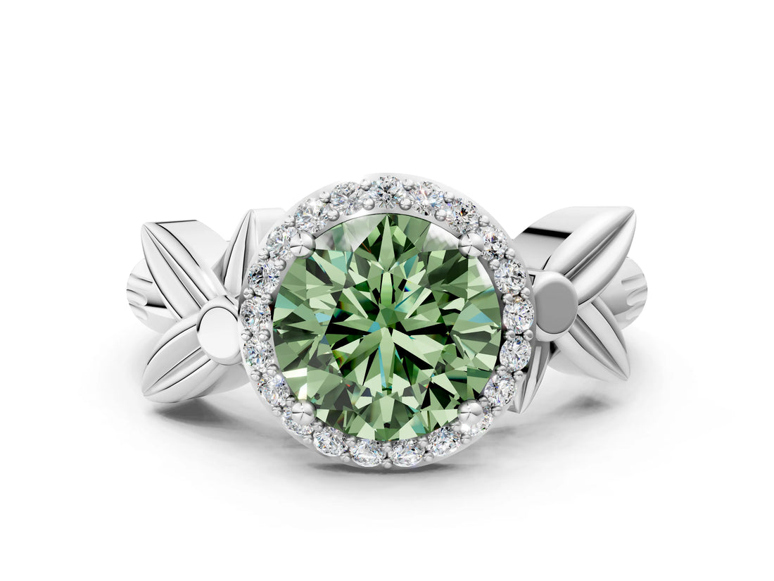 White gold Fancy Green Asscher  Halo Diamond Floral Band with Four-Prong Setting_35