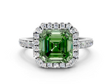 White gold Fancy Green Asscher  Halo Diamond Pavé Band Ring with Prong Setting