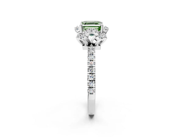 Platinum Asscher Cut Petal Cutout Halo Engagement Ring Setting for Fancy Green Center