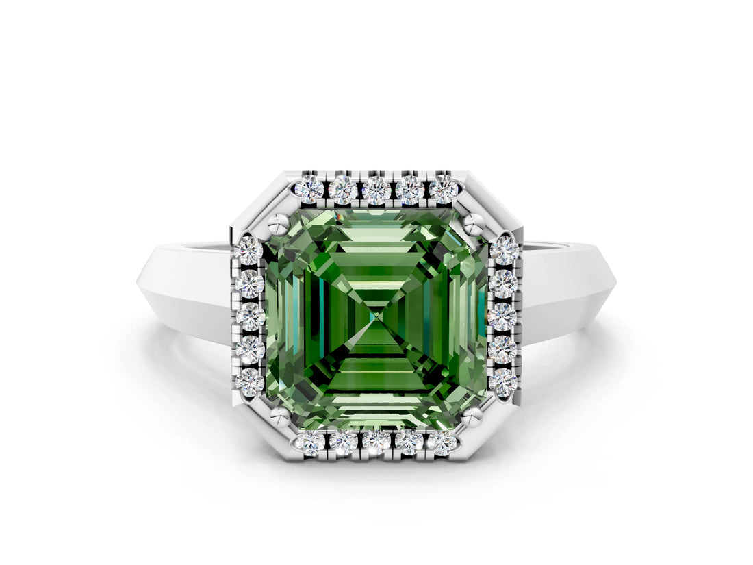 White gold Fancy Green Asscher  Halo Diamond Ring with Cathedral Band and Four-Prong Setting_47