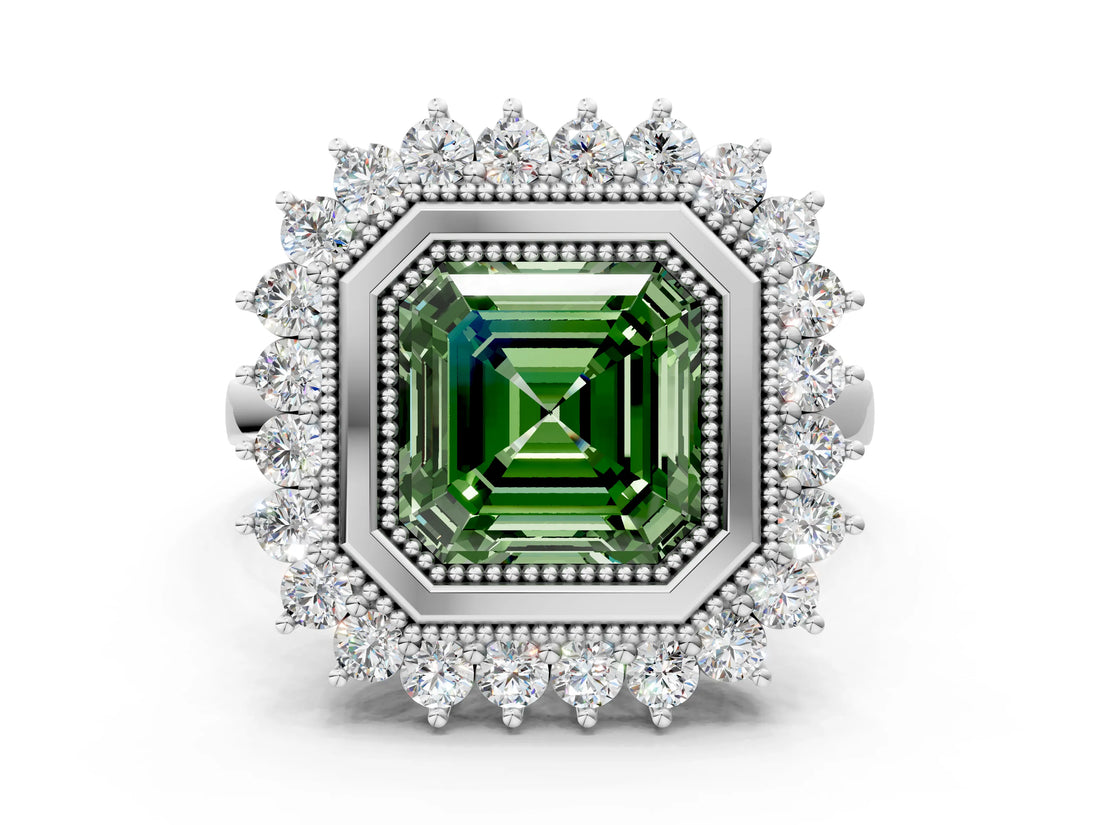 White gold Fancy Green Asscher  Halo Diamond Ring with Milgrain Edge and Round Prong Setting_34
