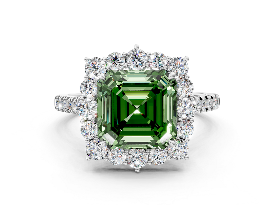 White gold Fancy Green Asscher  Halo Diamond Ring with Pavé Band and Prong Setting_16