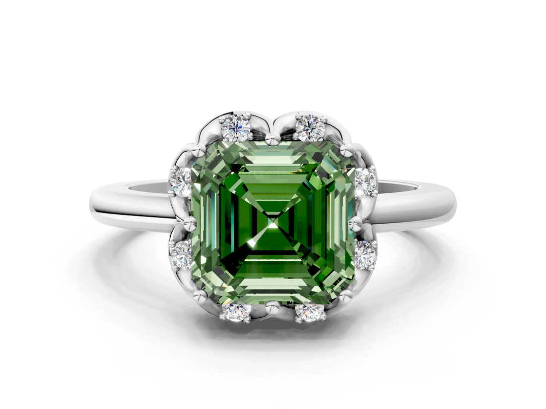 White gold Fancy Green Asscher  Halo Diamond Ring with Round Cluster Setting, Solitaire Band, and Four-Prong Setting_29