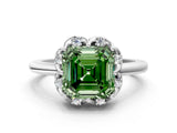 White gold Fancy Green Asscher  Halo Diamond Ring with Round Cluster Setting, Solitaire Band, and Four-Prong Setting_29