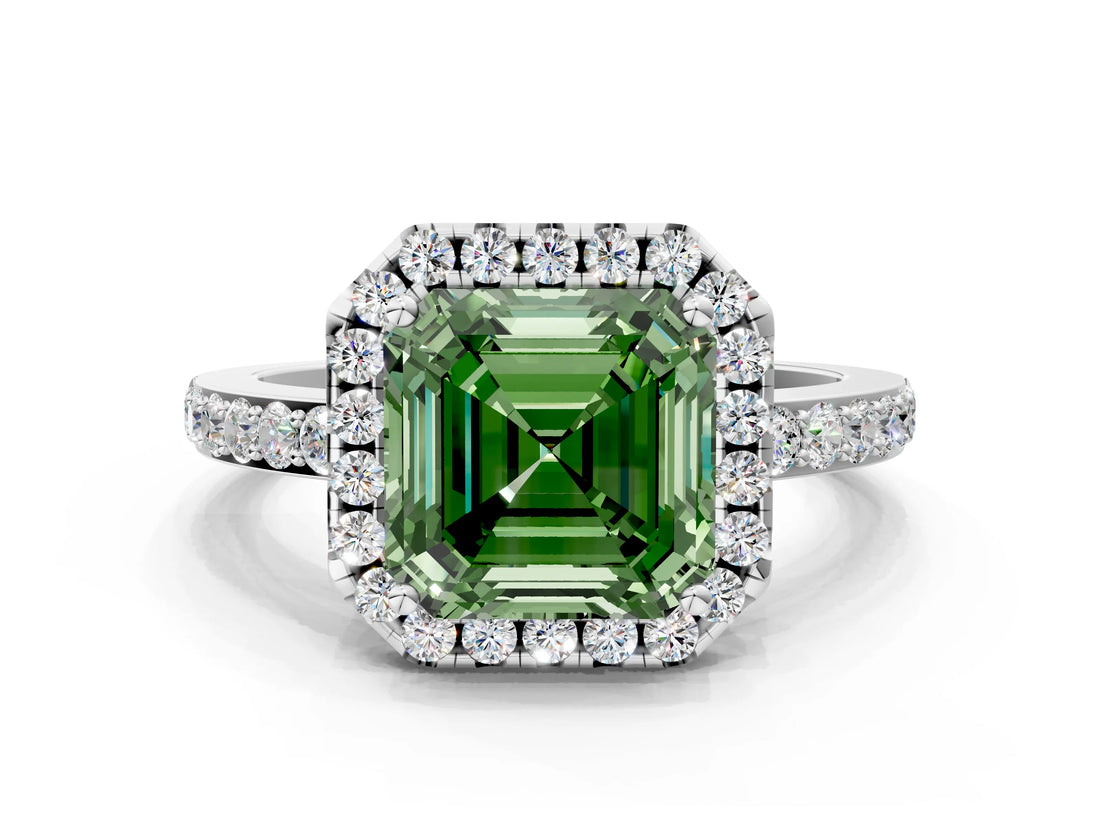 White gold Fancy Green Asscher  Halo Diamond Solitaire with Pavé Band and Four-Prong Setting_46