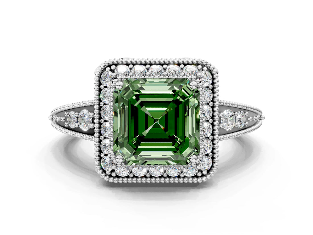 White gold Fancy Green Asscher  Halo Diamond Split Shank Ring with Milgrain Detail_29