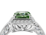 White gold Fancy Green Asscher  Halo Diamond Split Shank Ring with Milgrain Detail_33