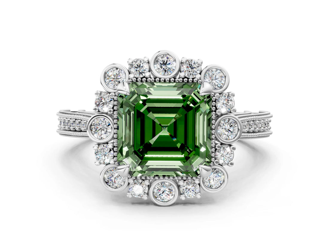 White gold Fancy Green Asscher  Halo Milgrain Pave Diamond Ring with Four-Prong Setting